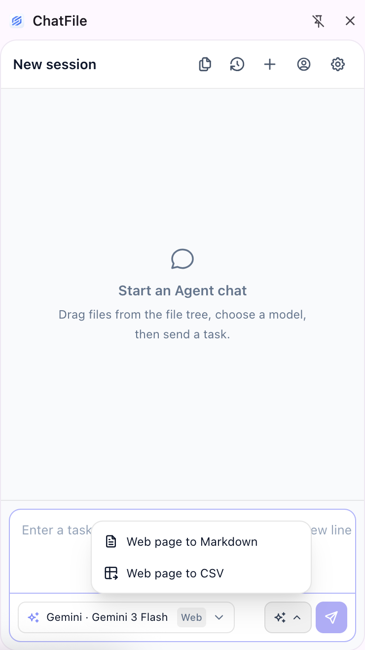 ChatFile side panel showing workflow options for Web page to Markdown and Web page to CSV