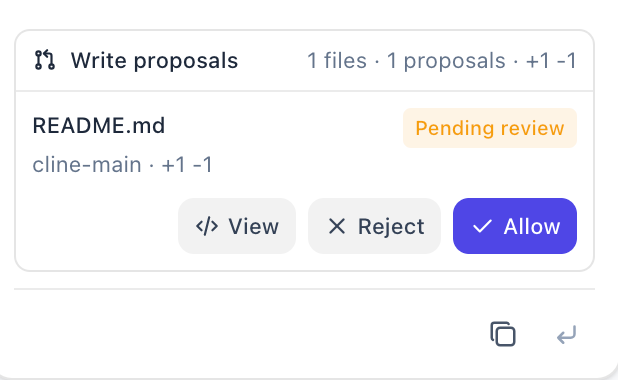 Close-up of a ChatFile write proposal with View, Reject, and Allow controls